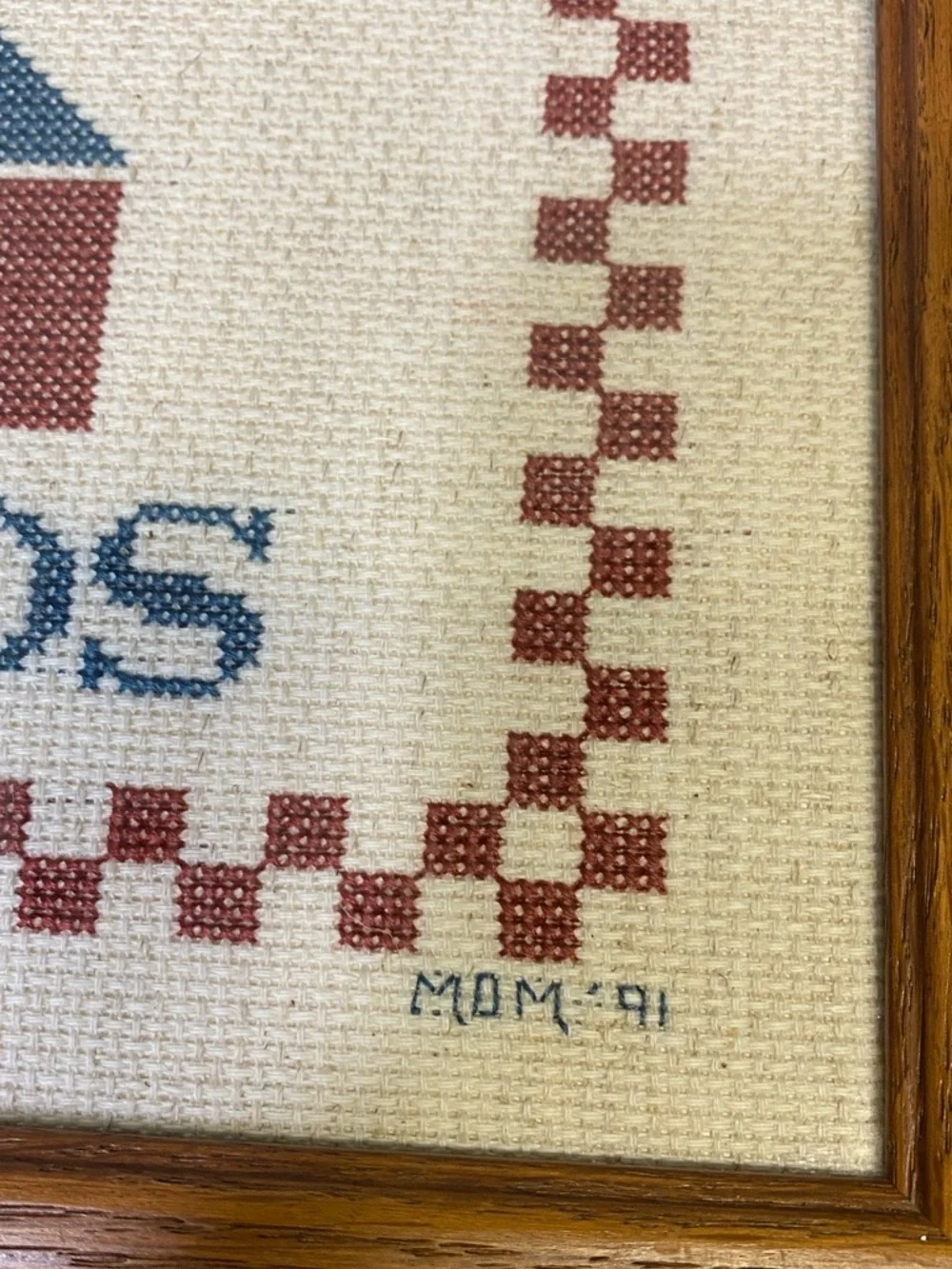 Welcome Friends Framed Cross-Stitch Home Accent - Red & Blue VTG 1991